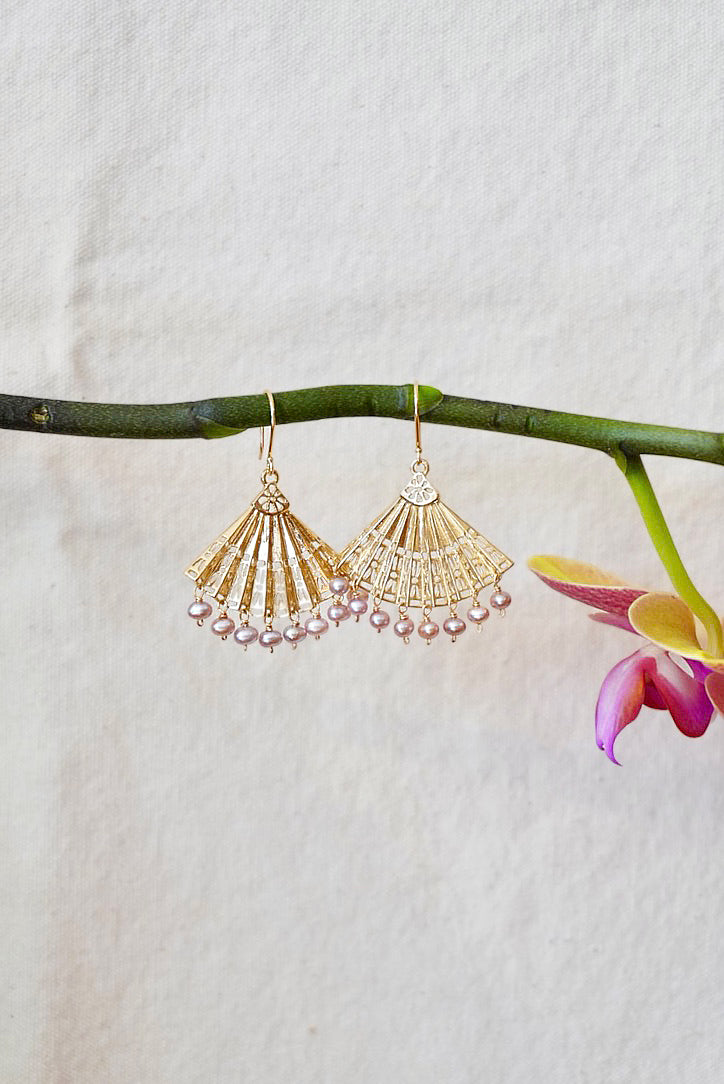 Spanish Fan Earrings with Pink Pearls