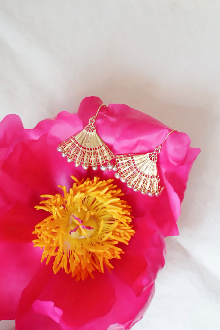 Spanish Fan Earrings with Pink Pearls