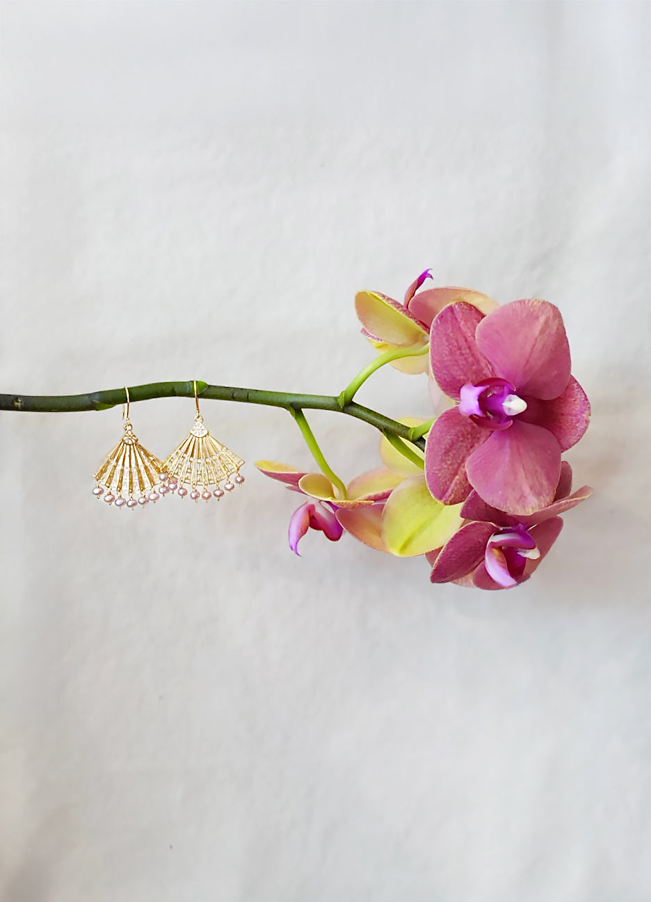 Spanish Fan Earrings with Pink Pearls