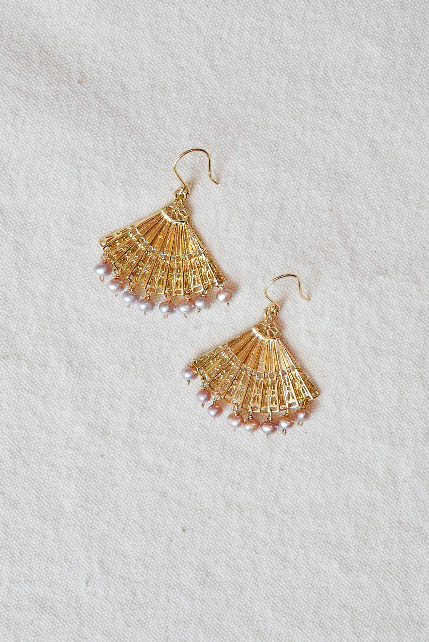 Spanish Fan Earrings with Pink Pearls