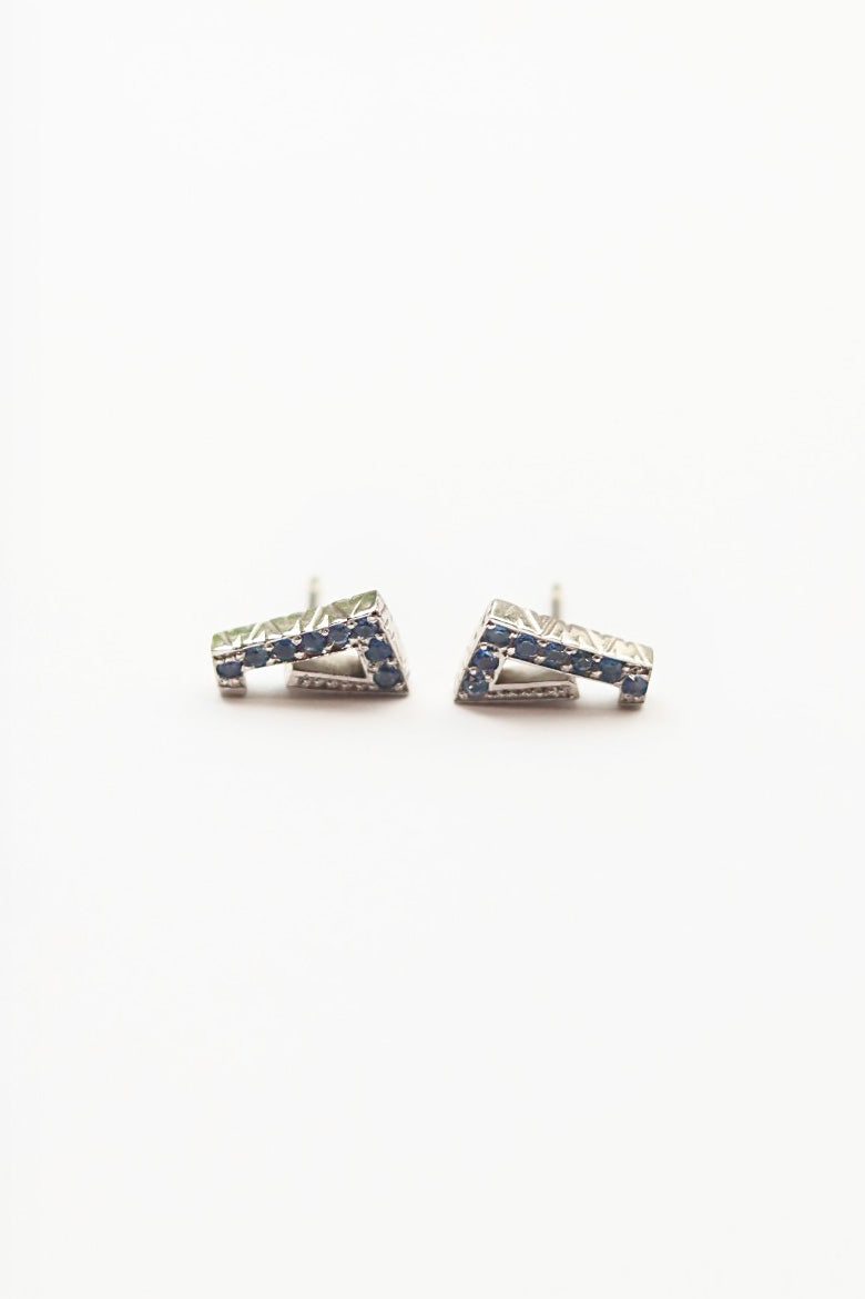 Pair of silver earrings with blue stones on a white background