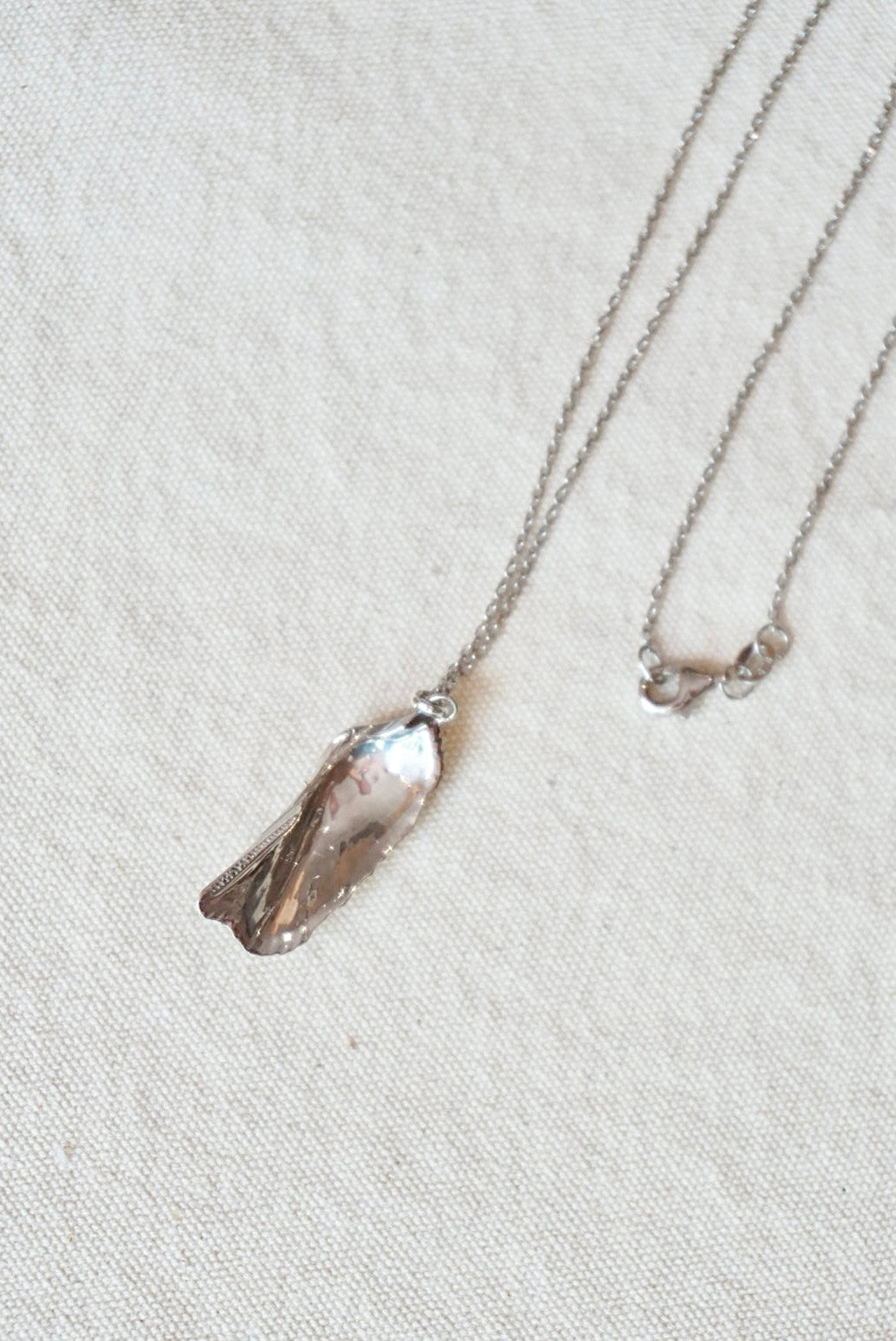 Silver necklace with a shell pendant on a light beige fabric background